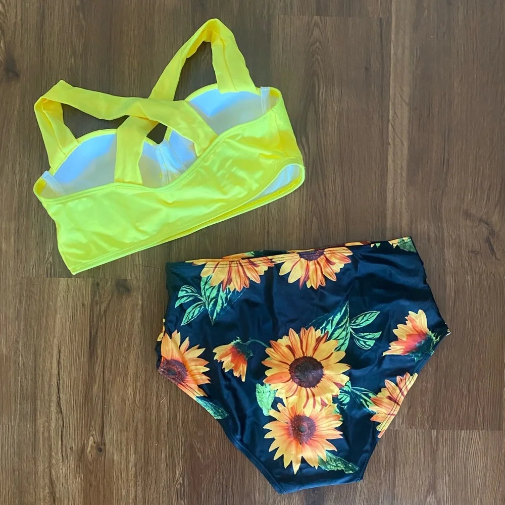 Sunflower Bikini Swimsuit Size Small black yellow bustier padded full high waist